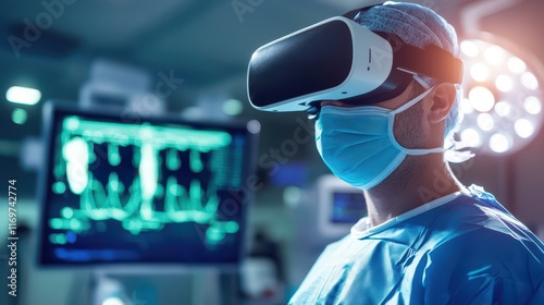 A medical professional surgeon wearing a virtual reality headset in an operating theatre, integrating advanced technology into surgical procedures for enhanced precision and visualization. photo