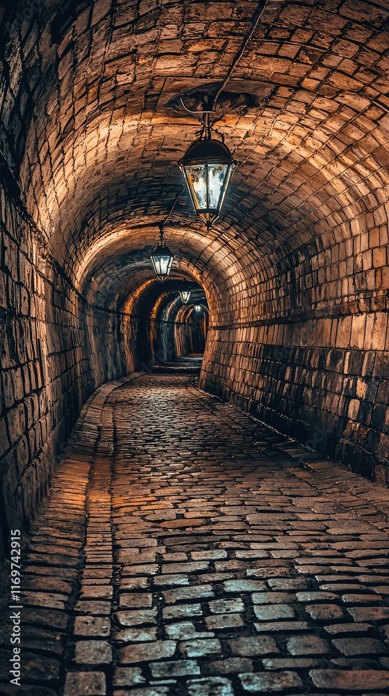 Fototapeta premium Mysterious Cobblestone Tunnel with Antique Lanterns Glowing Softly