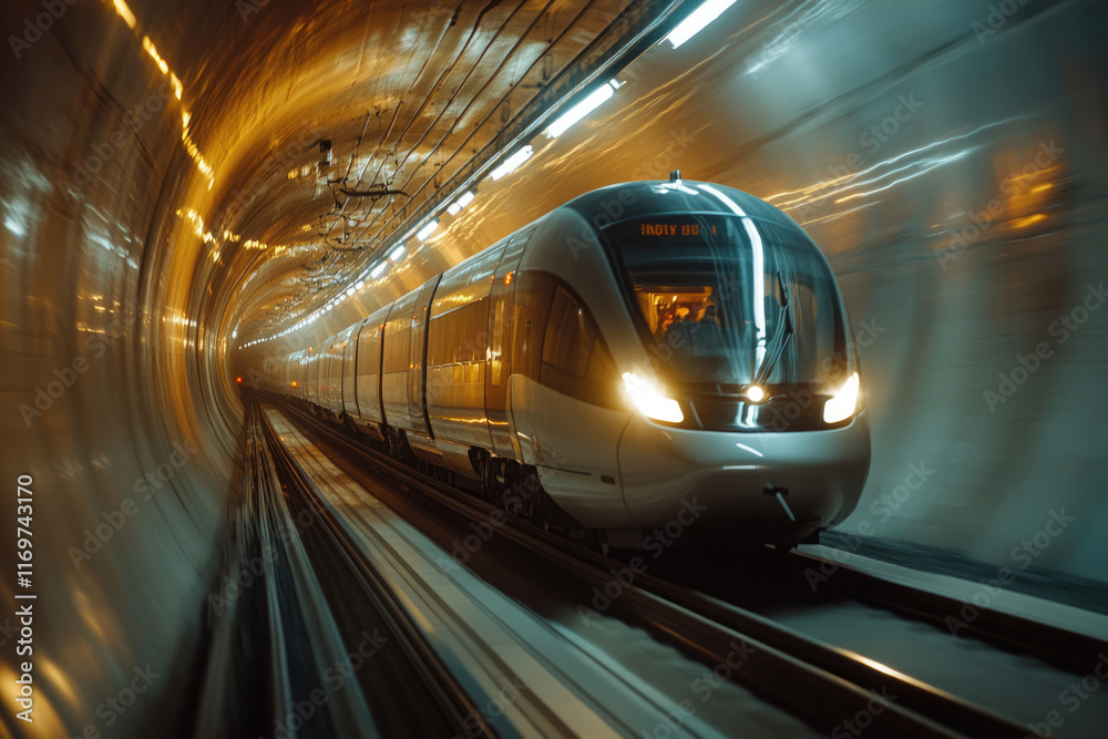 High-speed train rapidly moving through a brightly lit tunnel. High-speed train rapidly moving through a brightly lit tunnel.