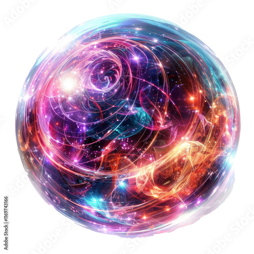 Cosmic crystal orb with swirling lights: magical design, fantasy artifact, glowing sphere.