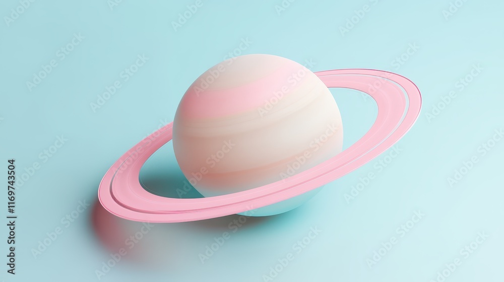 Obraz premium A minimalistic model of Saturn featuring soft pink rings against a light blue background.