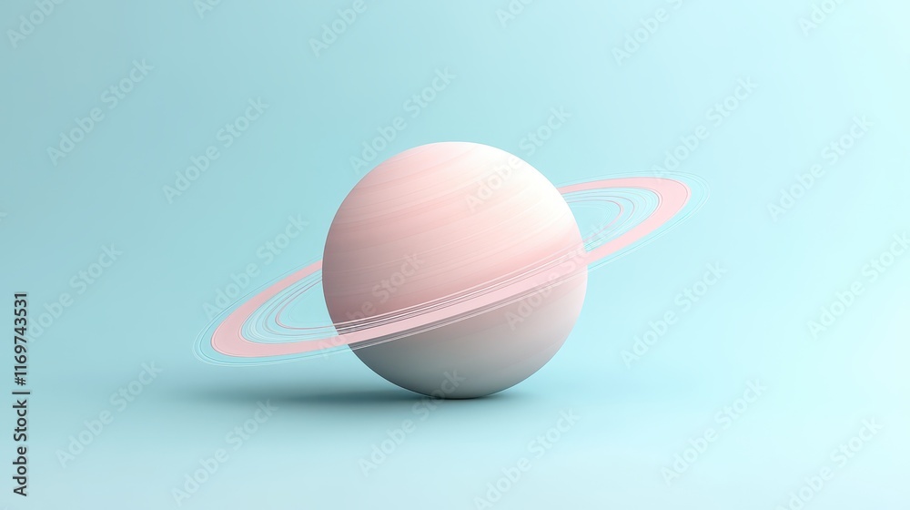 A minimalistic model of Saturn featuring soft pink rings against a light blue background. A minimalistic model of Saturn featuring soft pink rings against a light blue background.
