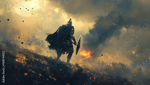 Spartan soldier illustration, ready for battle, with a dramatic battlefield backdrop