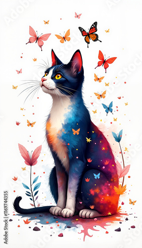 Colorful cat with butterflies in abstract floral design