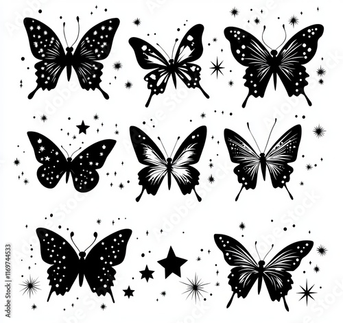 A collection of black butterfly silhouettes against a white background, featuring a flying shape in a modern design. Abstract butterfly contours for decoration, along with sparkle icons in a star photo