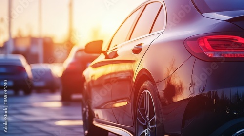 A modern car parked in an outdoor lot represents concepts of used car sales, rental services, and car dealerships. photo