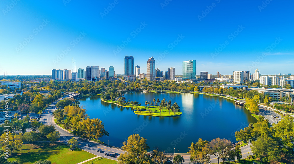 Fototapeta premium Aerial view of a city skyline over a serene lake