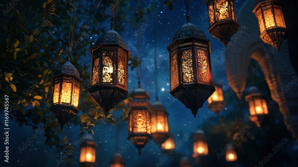 Obraz premium 3D rendering of illuminated Arabic lanterns hanging in the night sky with a starry background for the Ramadan Kareem festival concept.