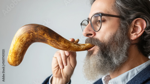 Man blowing shofar for traditional jewish holiday celebration photo