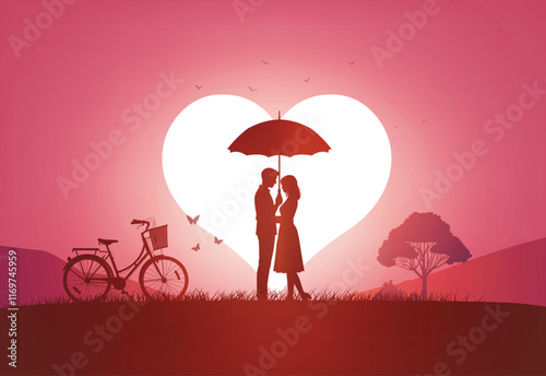 Couple kissing under umbrella with heart shape sunset background