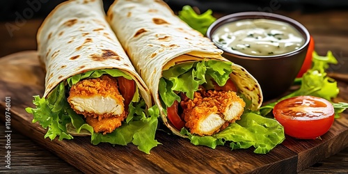Appetizing chicken wrap, crispy tortilla, fresh lettuce, juicy tomatoes, creamy sauce, wooden cutting board, warm lighting, food photography, high detail, soft focus background, rich colors, rustic se