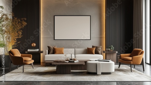 Laptop with an empty blank screen placed on a desk in a modern living room ideal for online work or study.
