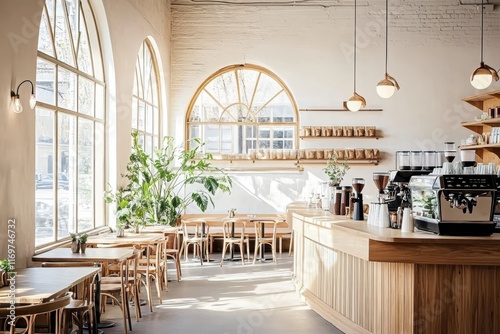 Bright airy kitchen interior, arched window, natural light, wooden furniture, pendant lights, indoor plants, open shelving, minimalist design, Scandinavian style, white walls, cozy cafe atmosphere, ru photo