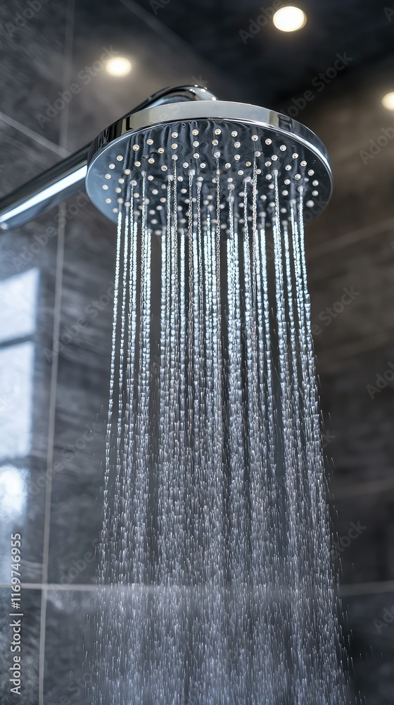 Modern Shower Head with Water Flowing in Stylish Bathroom Setting Modern Shower Head with Water Flowing in Stylish Bathroom Setting