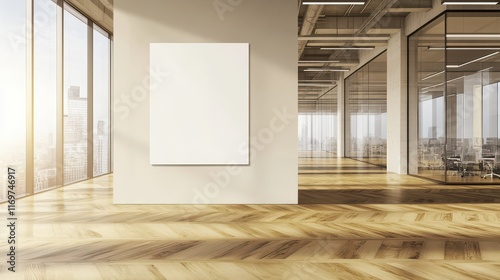 A modern office interior featuring a conference room with wooden flooring and large windows showcasing a city view in the background. photo