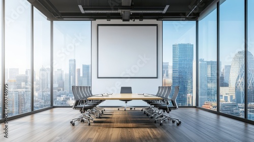 A modern office interior featuring a conference room with wooden flooring and large windows showcasing a city view in the background. photo