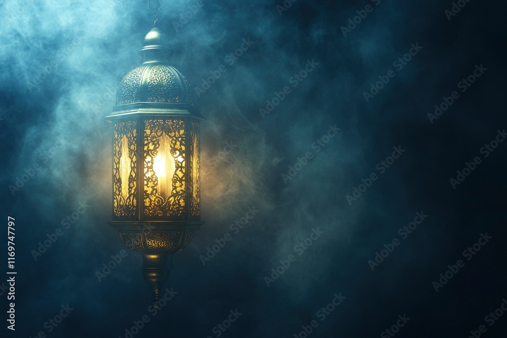 Fototapeta premium A glowing Arabic lantern with smoke on a dark blue background for a Ramadan Kareem or Islamic New Year greeting card, with copy space for a mockup. 