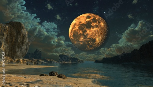 A large, full moon with clouds on the horizon against a dark blue background. A night sea with a beach, in a fantasy style with a fantastic scenery. Detailed textures of water and sand, with a photore photo