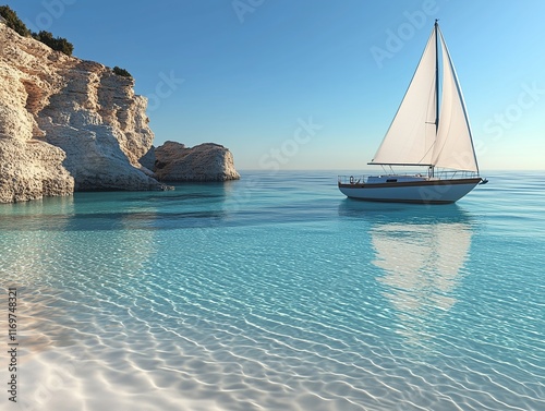 Cala Macarella beach in Menorca with a sailing boat in the bay. Perfect for travel yachting and relaxation.
