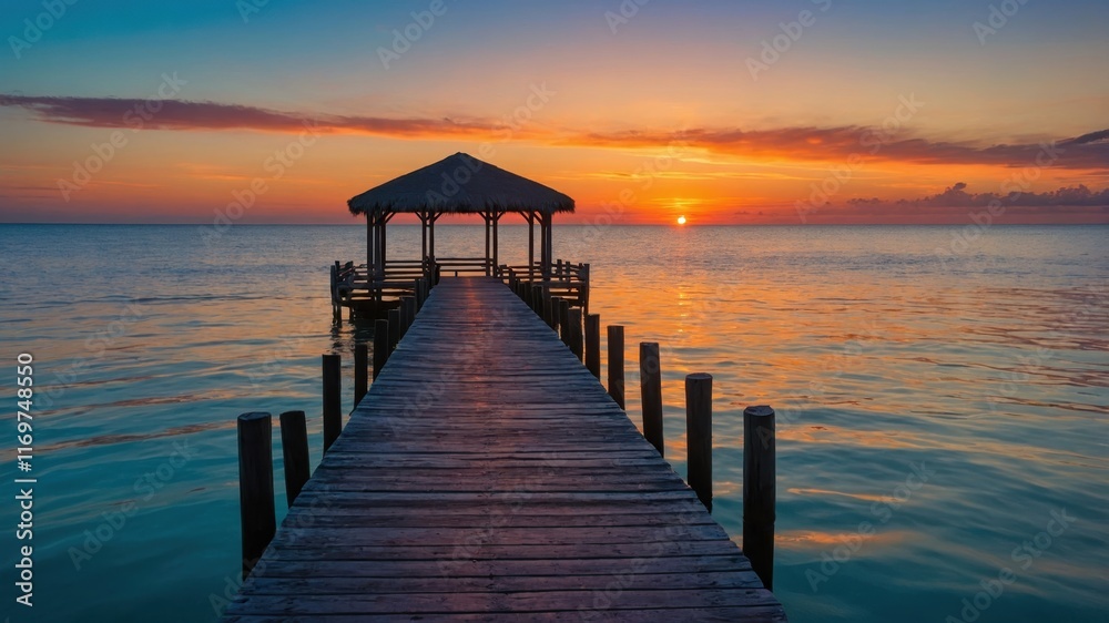 A serene beach at sunset with a wooden dock leading to a peaceful gazebo, reflecting vibrant orange and purple hues on calm water. A serene beach at sunset with a wooden dock leading to a peaceful gazebo, reflecting vibrant orange and purple hues on calm water.