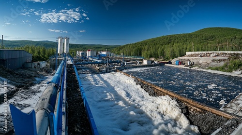 Wastewater treatment plant with aeration tanks and pipes, under a blue sky.