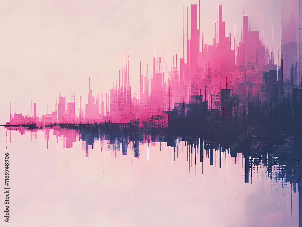 Naklejka premium Pink and purple city skyline reflected in still water. Digital art with a dreamy, abstract feel.