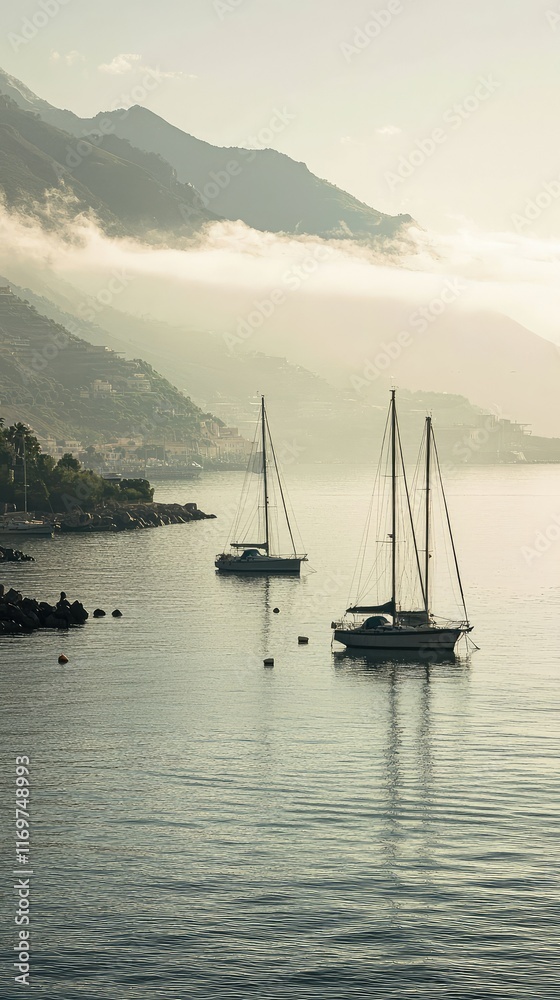 Tranquil Morning at a Quiet Harbor with Sailboats and Misty Mountains Tranquil Morning at a Quiet Harbor with Sailboats and Misty Mountains