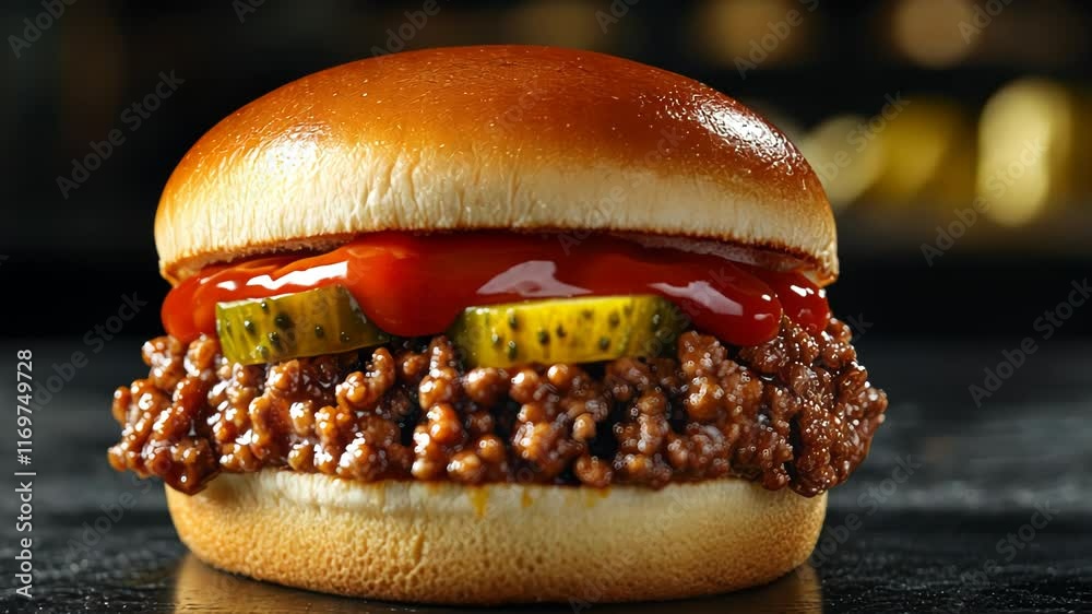 A close-up of a hamburger with ground meat, pickles, and ketchup on a soft bun.