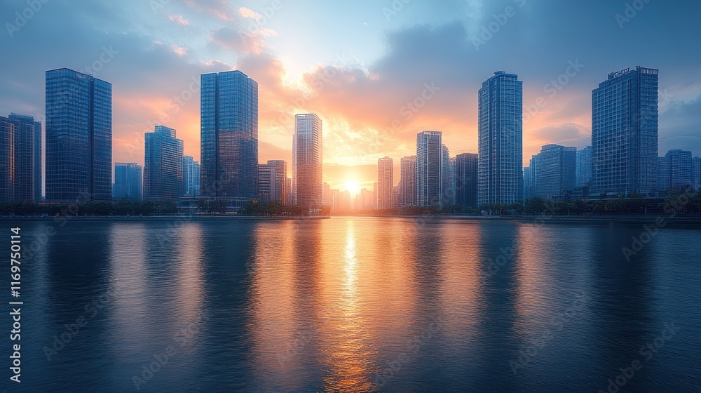 A serene sunset over a city skyline reflected in water. A serene sunset over a city skyline reflected in water.