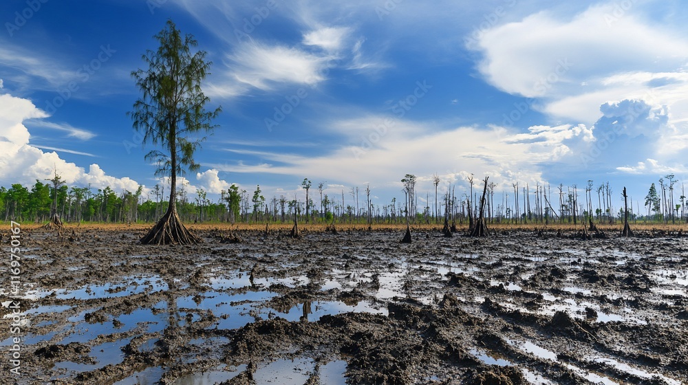 Lone tree in a swampy, muddy landscape under a partly cloudy sky.