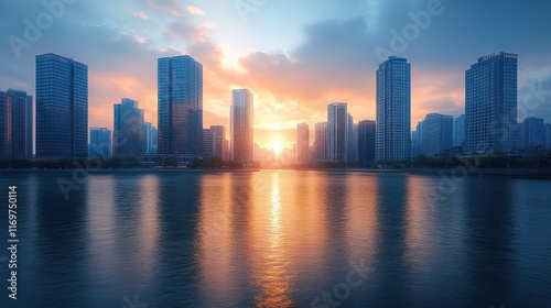 A serene sunset over a city skyline reflected in water.