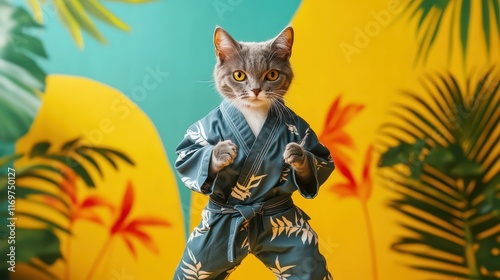 A playful cat dressed in a karate suit, set against a vibrant tropical background. photo