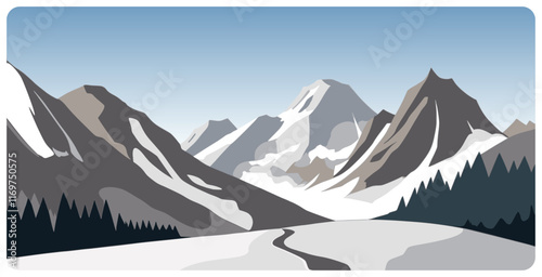 Flat graphic vector illustration of abstract snowy mountain landscape with road to snowcapped mount peaks and fir forest on foothills at winter day. Cartoon sketch concept for mountaineering or hiking