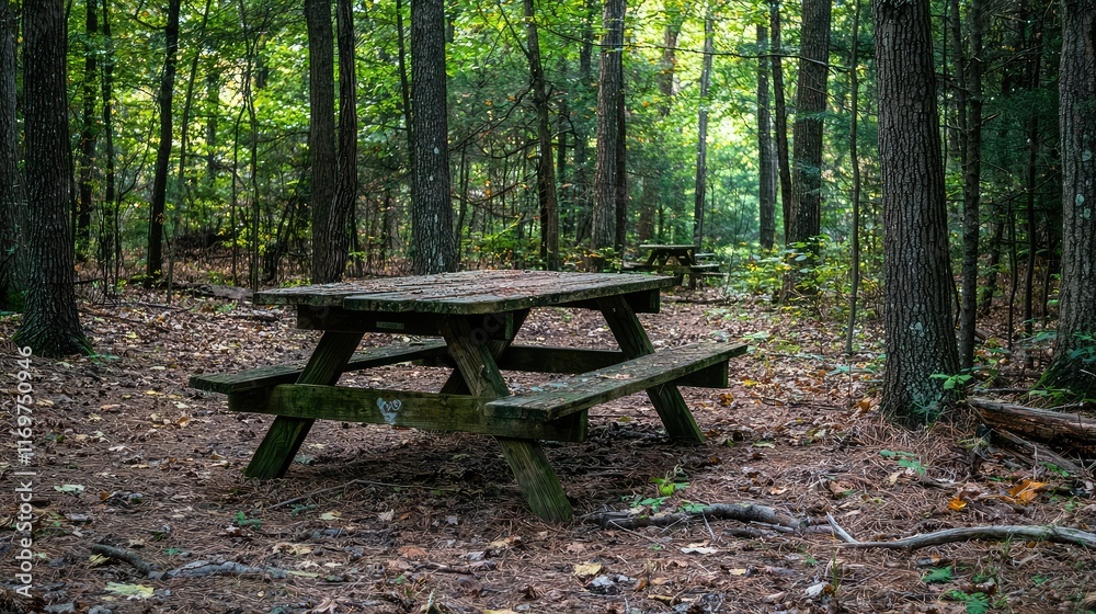 Serene Picnic Table Surrounding Lush Green Forest Landscape Serene Picnic Table Surrounding Lush Green Forest Landscape