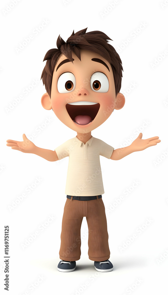 Surprised 3D cartoon boy expressing joy on a white background, perfect for advertising Surprised 3D cartoon boy expressing joy on a white background, perfect for advertising