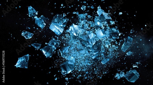 Abstract blue ice crash on black background, AI generated image