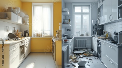 Clean vs. messy kitchen before & after. photo