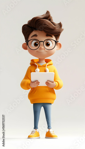 Tech-savvy small characters using tablets, 3D cartoon style