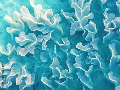 An aerial view of the rococo inspired shallow water in an Australian coastal lagoon, showcasing intricate patterns and textures created by natural elements like sea plants, saltwater waves, and fine photo