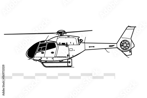 Eurocopter EC120 Colibri. Vector drawing of light utility helicopter. Side view. Image for illustration and infographics.