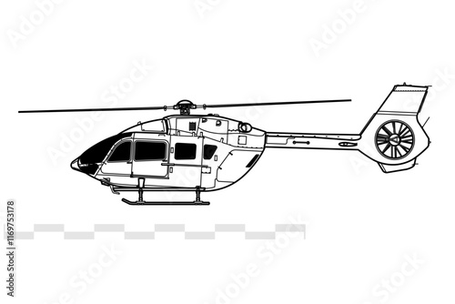 Airbus Helicopters H145. Eurocopter EC145 T2. Vector drawing of light utility helicopter. Side view. Image for illustration and infographics.