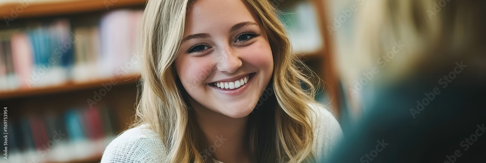 Fototapeta premium Young woman smiling, blonde wavy hair, white teeth, close-up portrait, warm lighting, bookshelf background, cozy atmosphere, natural makeup, friendly expression, casual style, indoor setting, soft foc