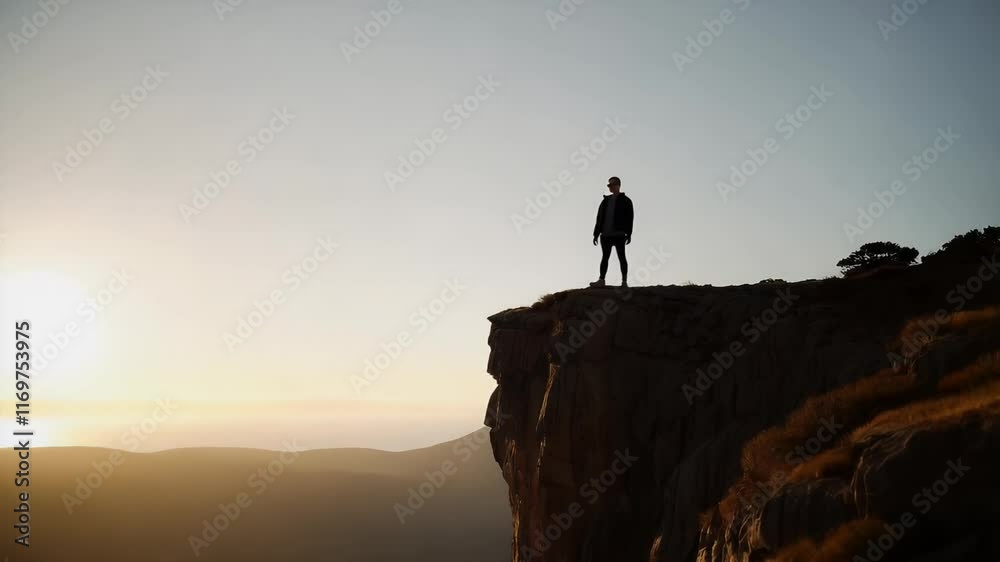 Stunning sunset view from a cliff with a silhouette of a person standing confidently Stunning sunset view from a cliff with a silhouette of a person standing confidently