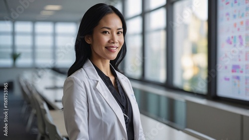 Smiling Southeast Asian woman in a modern office attire stands confidently in a bright, contemporary workspace during daylight hours, showcasing professionalism and approachability