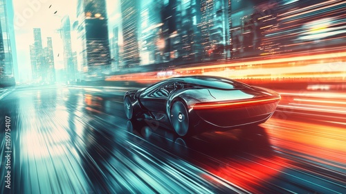 A self-driving car effortlessly glides through a futuristic cityscape, showcasing its sleek and advanced design, and symbolizing the future of transportation technology. photo