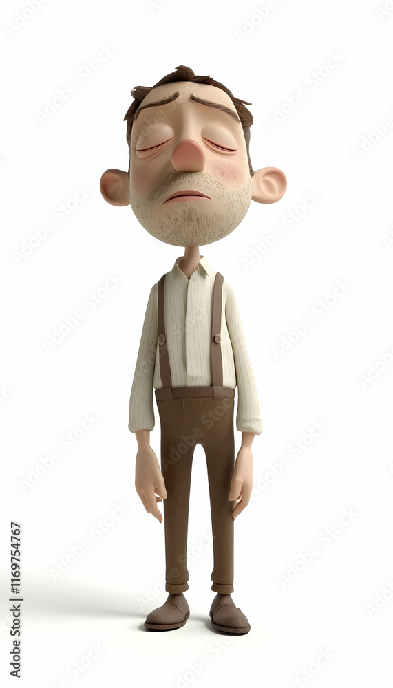 Tired and drowsy animated figure, eyes closed, 3D cartoon on white background Tired and drowsy animated figure, eyes closed, 3D cartoon on white background