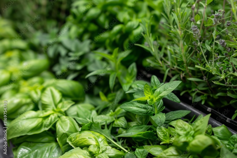 A bunch of green herbs are displayed in a row A bunch of green herbs are displayed in a row