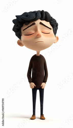 Tired and drowsy animated figure, eyes closed, 3D cartoon on white background