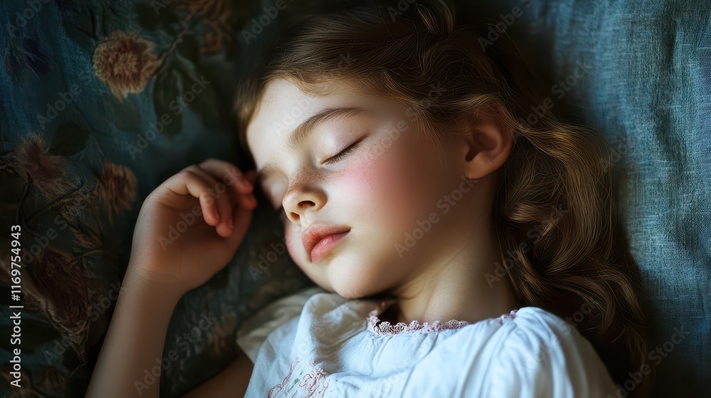 A serene portrait of a young girl peacefully sleeping, embodying relaxation and dreams. A serene portrait of a young girl peacefully sleeping, embodying relaxation and dreams.