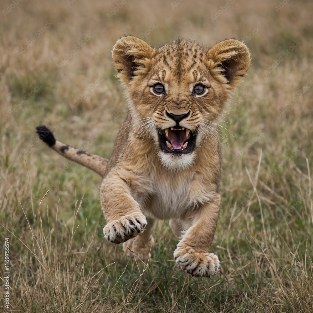 A playful lion cub pouncing with a white background. A playful lion cub pouncing with a white background.